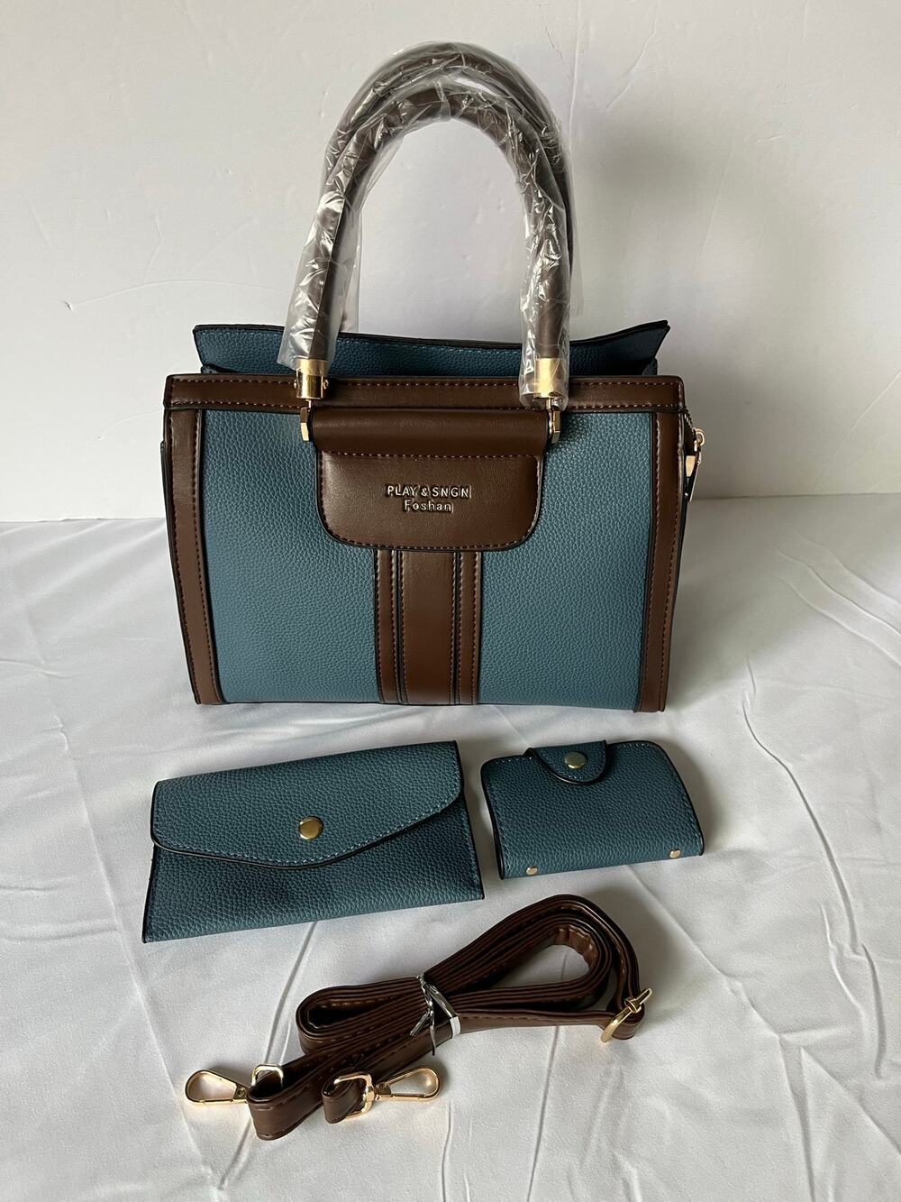 New Dusty Blue Faux Leather Satchel Tote Handbag Crossbody Purse Wallet 3 Pc Set